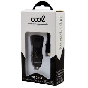 Cargador Coche Cable MicroUsb (2 x Usb) 2.4A Kit 2 en 1 Negro